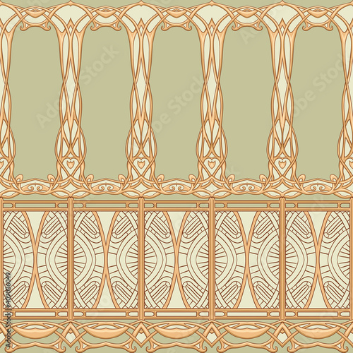 Seamless pattern, border. Wood carving imitation in art nouveau style, vintage, old, retro style. Colored vector illustration in soft green and beige colors.