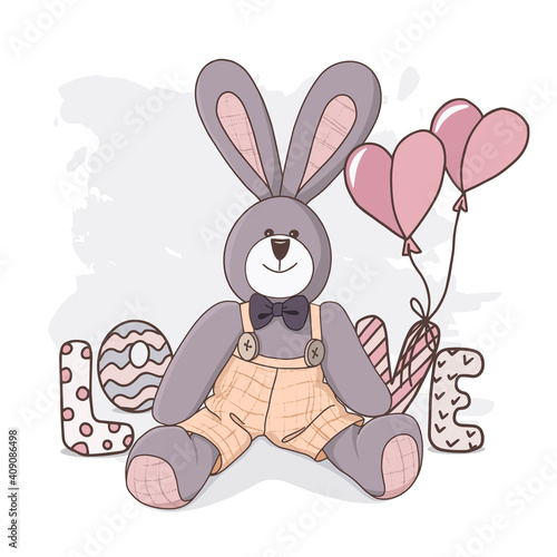 Vector hand-drawn illustration of a cute stuffed bunny. Greeting card for Valentines day, birthday, holiday.