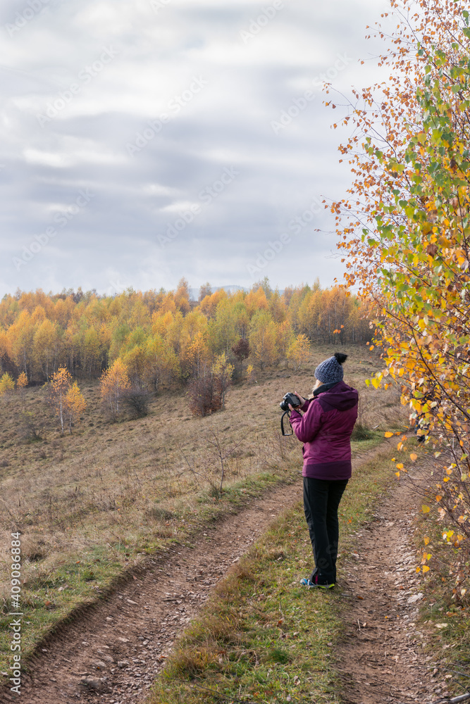 Woman photographing trees with yellow leaves, autumn on the hill Woman photographing trees with yellow leaves, autumn on the hill
