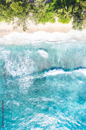 Seychelles Takamaka beach Mahe portrait format vacation paradise ocean drone view aerial photo
