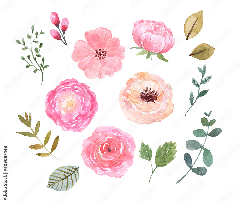 Watercolor spring flower illustrations set. Cute pink flowers, greenery, leaves, isolated on white background. Botanical graphic elements. Hand drawn clip art for wedding design, cards, invitations