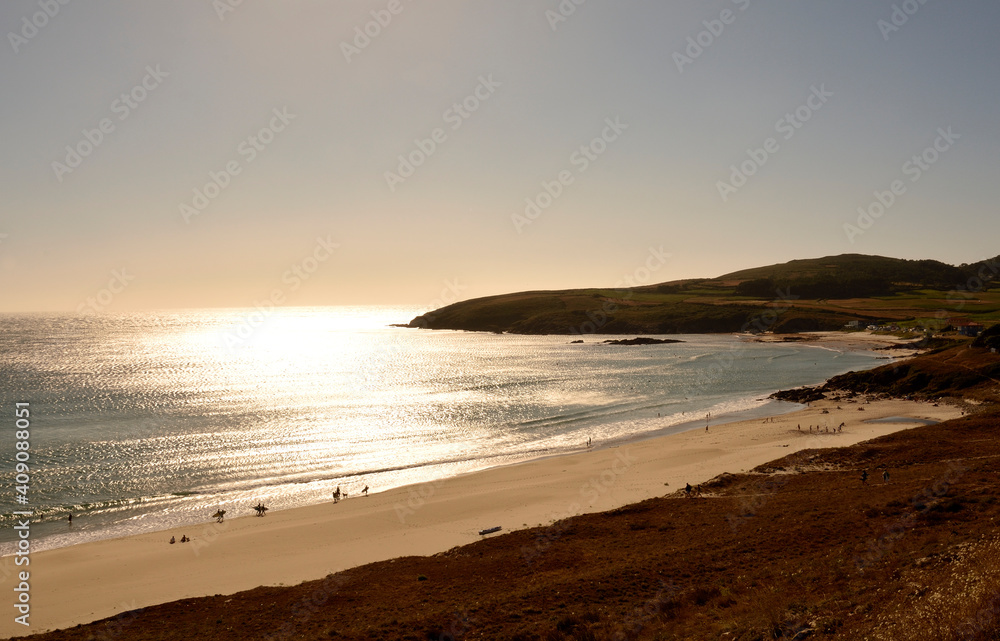 Sunset in a North Spanish Beach in Summer Time. Nemina beach in Muxia, Galicia, Spain