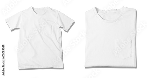 Basic white Tshirt isolated on white background. Mock up for branding t-shirt with pocket. 