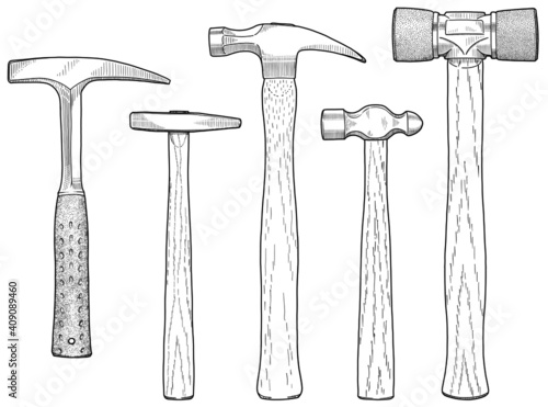 Blackline hand drawing of an assortment of hammers.