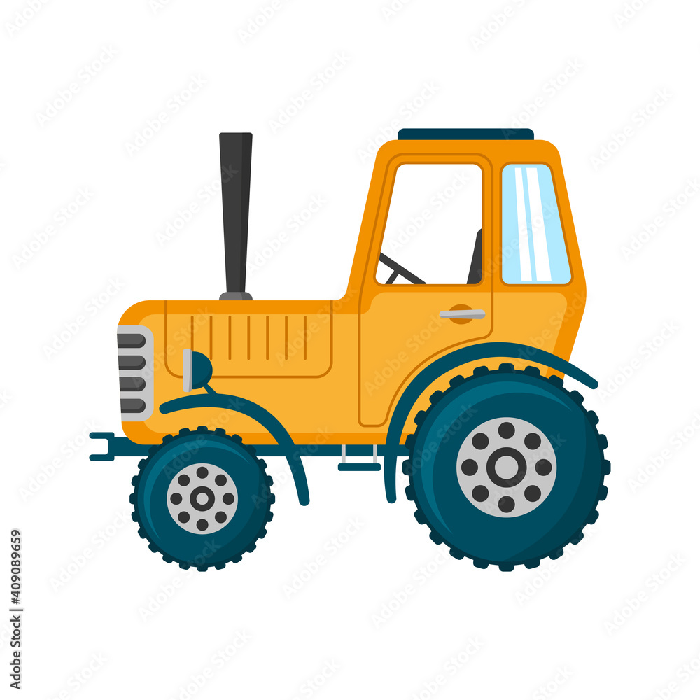 Farm tractor icon. Colored silhouette. Side view. Cartoon drawing. Vector flat graphic illustration. The isolated object on a white background. Isolate.