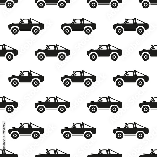 Black off-road pickups isolated on white background. SUV. Side view. Monochrome car seamless pattern. Vector flat graphic illustration. Texture.