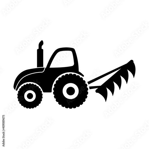Tractor with plow icon. Black silhouette. Side view. Vector flat graphic illustration. The isolated object on a white background. Isolate.