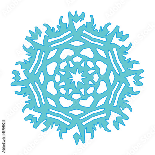 Festive blue snowflake lie on white background. Cut out of paper photo