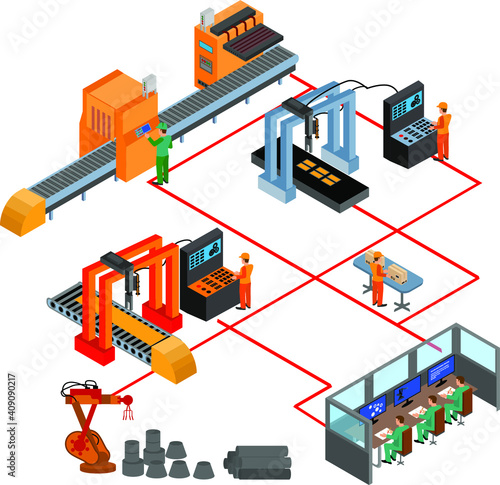 Robotic production line. Manufacturing and machine, automation and robotic and industry. Vector illustration