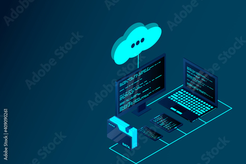 Cloud storage 3d isometric technology concept. Isometric cloud technology with cloud. Modern cloud technologies. Vector 3d isometric illustration network with computer, laptop, tablet, and smartphone.