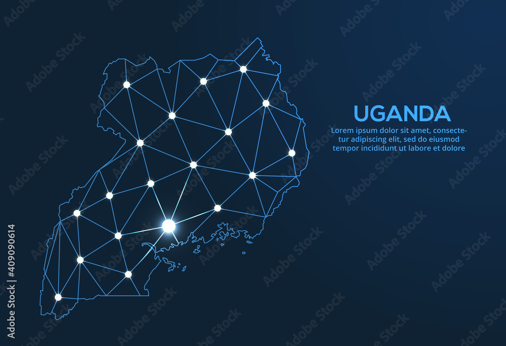 Vetor do Stock: Uganda communication network map. Vector low poly image ...