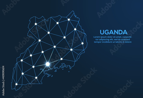 Uganda communication network map. Vector low poly image of a global map with lights in the form of cities. Map in the form of a constellation, mute and stars.