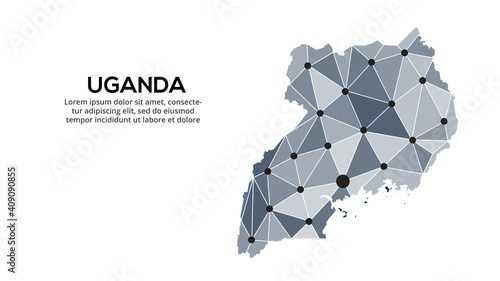 Uganda communication network map. Vector image of a low poly global map with city lights. Map in the form of triangles and dots