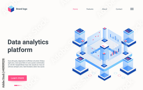 Data analytics platform, automation technology isometric vector illustration. Cartoon workstation supercomputer structure for automatic data processing and tech analysis, computer network landing page