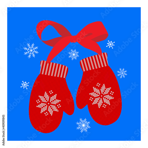 Christmas, Santa Claus knitted red mittens and scarf. Christmas pattern. Flat vector illustration, isolated object.