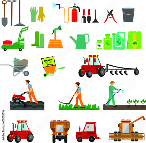 Illustration of the process of growing and harvesting crops. Equipment for agriculture. Vector set of agricultural vehicles and farm machines. Tractors, harvesters, combines.