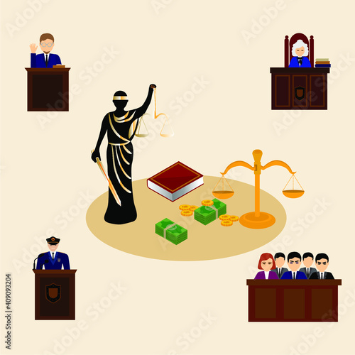 Law design concept with round compositions of flat crime and justice related icons with human characters vector illustration