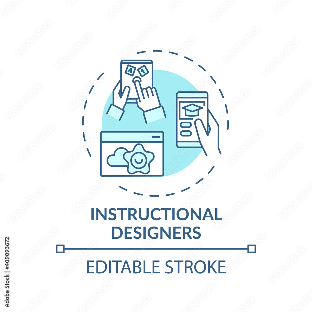 Instructional designers concept icon. Online teaching jobs types. Creation of learning information and materials idea thin line illustration. Vector isolated outline RGB color drawing. Editable stroke