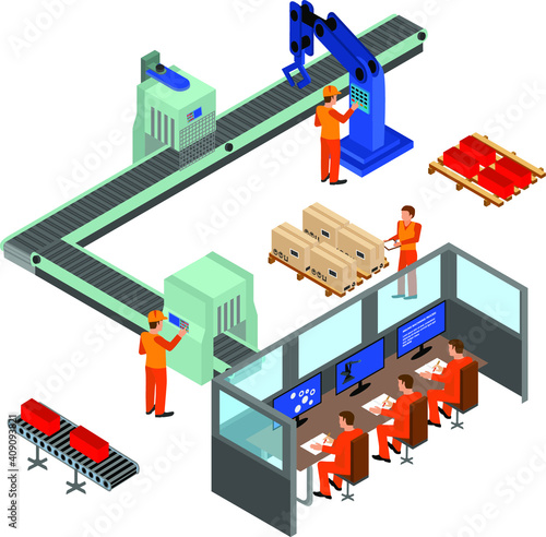 Automated factory assembly line with robotic arm and conveyor belt controlled manufacturing process isometric poster vector illustration.