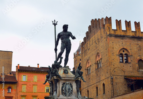 Statue on Fountain of Neptune in Bologna Italy