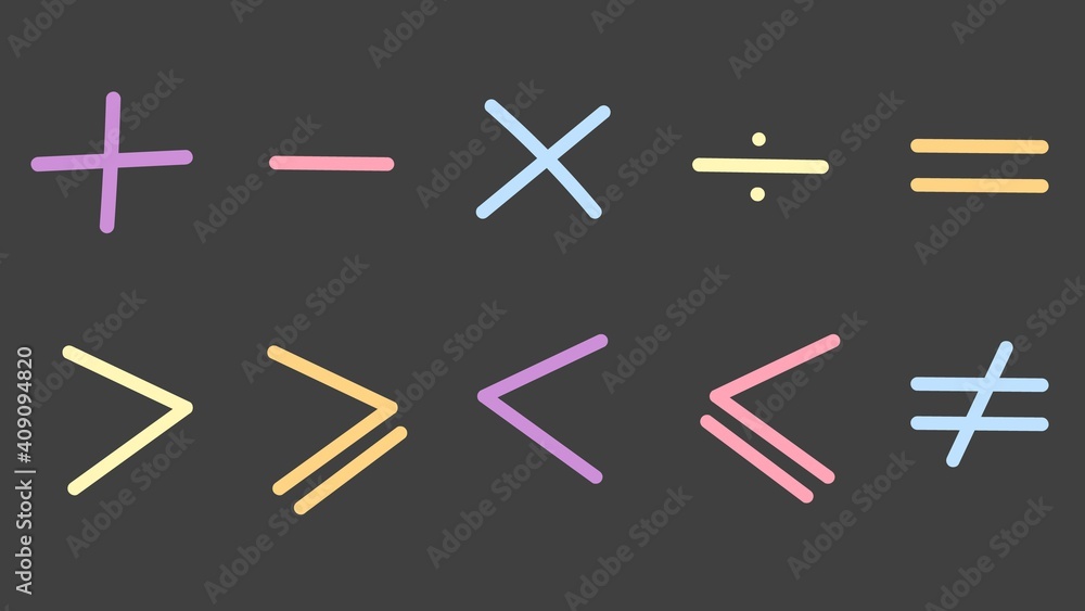 Math symbols drawn blackboard with colored chalk icons. Addition and subtraction written by hand with further division multiplication comparison greater or less with general vector equality. Math symbols drawn blackboard with colored chalk icons. Addition and subtraction written by hand with further division multiplication comparison greater or less with general vector equality.