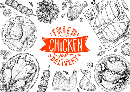 Chicken meat. Fried chicken. Hand drawn sketch illustration. Grilled chicken meat top view frame. Vector illustration. Engraved design. Restaurant menu design template.