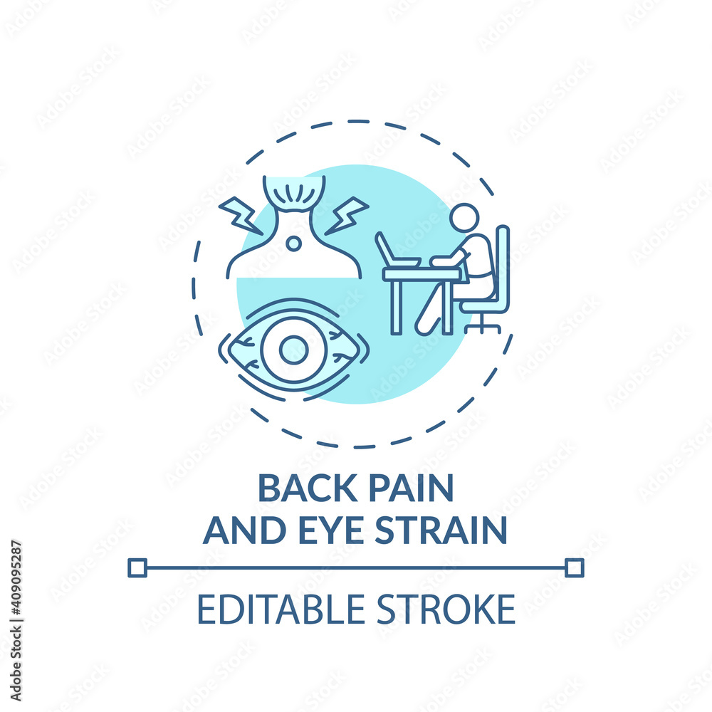 Back pain and eye strain concept icon. Online english teaching challenges. Health problems after long learning idea thin line illustration. Vector isolated outline RGB color drawing. Editable stroke Back pain and eye strain concept icon. Online english teaching challenges. Health problems after long learning idea thin line illustration. Vector isolated outline RGB color drawing. Editable stroke