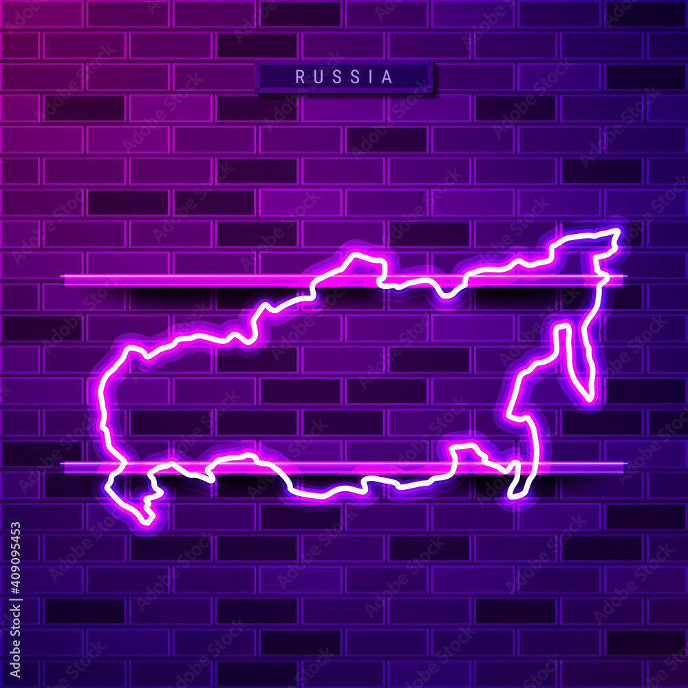 Russia map glowing neon lamp sign. Realistic vector illustration. Country name plate. Purple brick wall, violet glow, metal holders. Russia map glowing neon lamp sign. Realistic vector illustration. Country name plate. Purple brick wall, violet glow, metal holders.