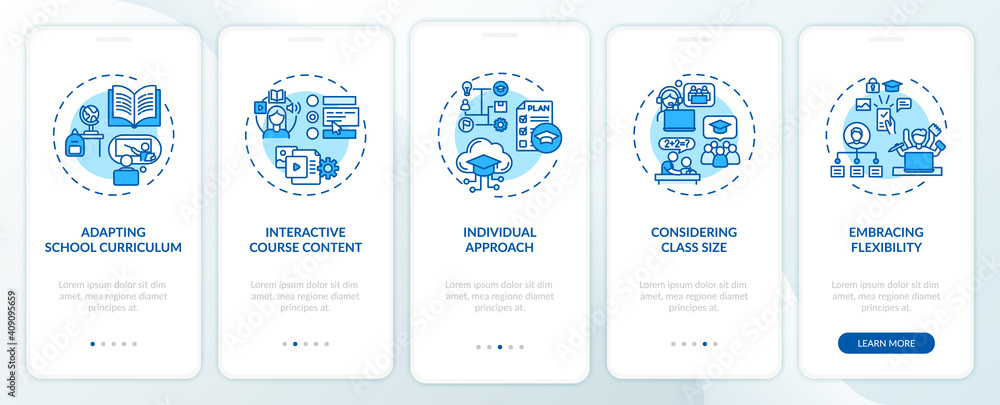 Online teaching tips onboarding mobile app page screen with concepts. Interactive course content walkthrough 5 steps graphic instructions. UI vector template with RGB color illustrations