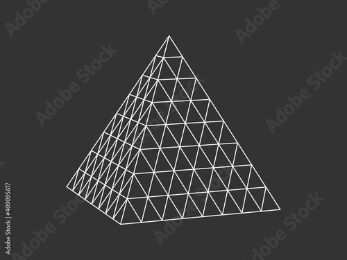 Contour geometric grid pyramid. White 3d triangle on black space with mathematical digital network tracery creative polygonal vector structure.