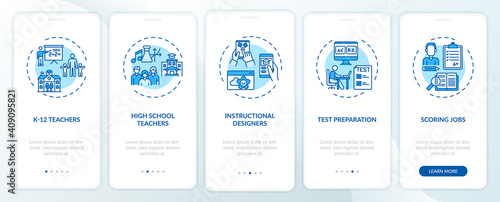 Online teaching jobs types onboarding mobile app page screen with concepts. High school teachers walkthrough 5 steps graphic instructions. UI vector template with RGB color illustrations