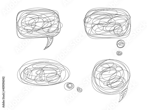 Confusing comments and dialogues speech bubbles. Abstract chaotic communication with tangles crumpled phrases and vector hints.