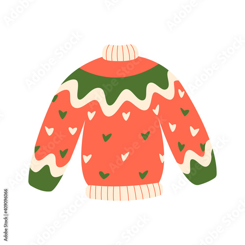 Hand drawn vector illustrations of warm winter and autumn woolen sweater in scandinavian style. Trendy flat design element of winter clothes.