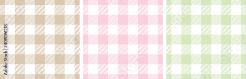 Gingham patterns in pink, green, beige, white. Spring summer light pastel seamless Scottish tartan vichy textured check plaids for dress, shirt, tablecloth, or other modern Easter holiday print.
