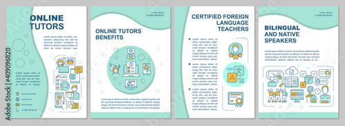 Online tutors brochure template. Flyer, booklet, leaflet print, cover design with linear icons. Bilingual education. Vector layouts for magazines, annual reports, advertising posters