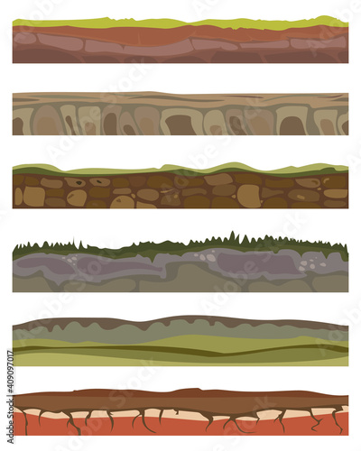 Seamless various sliced soil grounds for ui game. Soils foreground land area in cartoon style with blades of grass, rocks layers. Vector illustration © whilerests