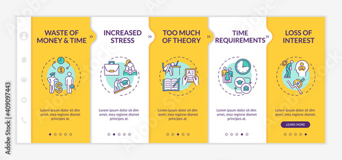 Employee training and development disadvantages onboarding vector template. Money wasting. Too much theory. Responsive mobile website with icons. Webpage walkthrough step screens. RGB color concept