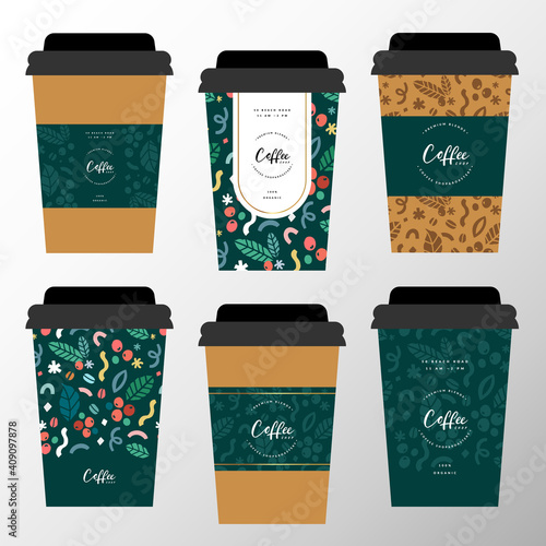 Branded paper coffee cup design, cardboard mugs illustrated with logo. Take away cardboard cup with sleeve decorated with lettering logotype and pattern illustrations