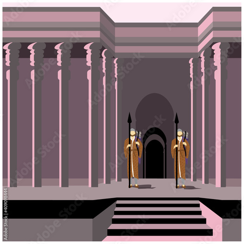 Vector drawing of Bigthan and Teresh: two eunuchs in service of the Persian king Ahasuerus, according to the Book of Esther.
Against the background of an ancient palace