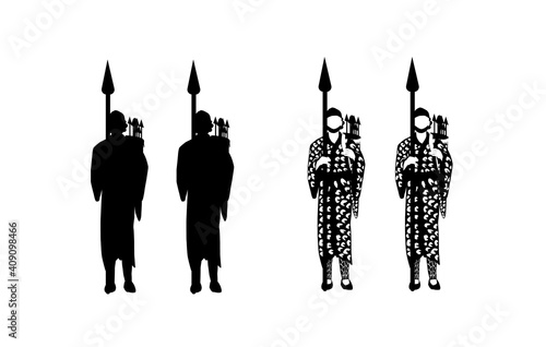 Vector drawing of Bigthan and Teresh: two eunuchs in service of the Persian king Ahasuerus, according to the Book of Esther.
Black silhouettes