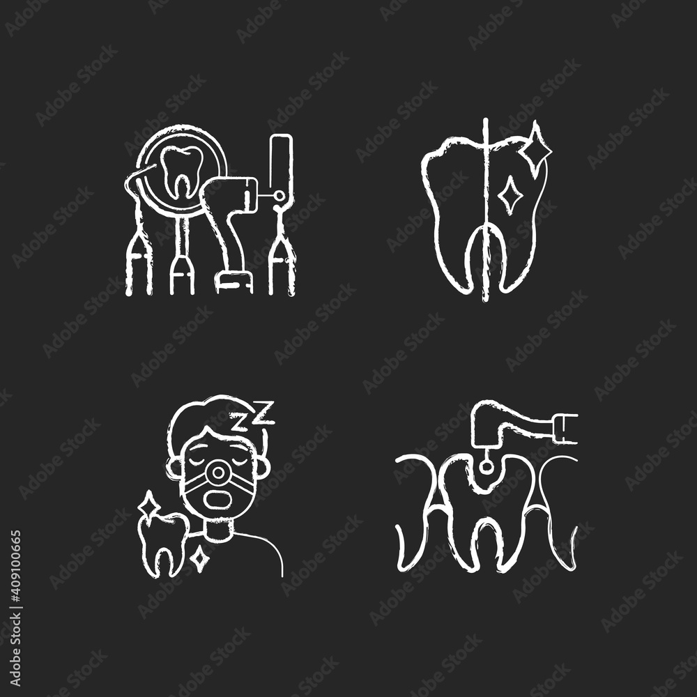 Dentistry method and practice chalk white icons set on black background. Professional tooth restoration and care. Stomatology occupation. Sleeping dentistry. Isolated vector chalkboard illustrations