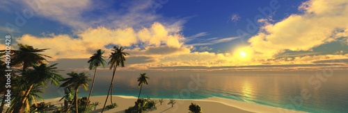 Beach with palm trees at sunset, tropical seascape, ocean at sunrise, ocean and palm trees, 3D rendering