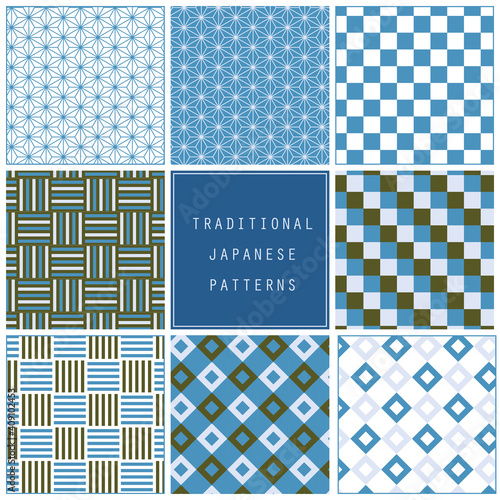 和柄パターンセット─麻の葉、市松、五崩し、釘抜/ Traditional Japanese Patterns