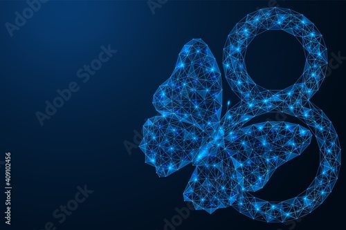 March 8. International Women's Day. The digit eight with a butterfly sitting on it. Polygonal construction of concatenated lines and points. Blue background.