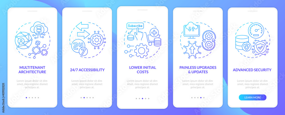 SaaS advantages onboarding mobile app page screen with concepts. Accessibility, advanced security walkthrough 5 steps graphic instructions. UI vector template with RGB color illustrations