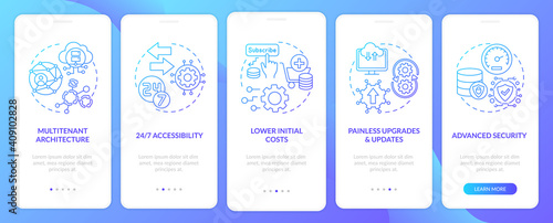 SaaS advantages onboarding mobile app page screen with concepts. Accessibility, advanced security walkthrough 5 steps graphic instructions. UI vector template with RGB color illustrations