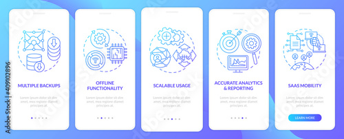 SaaS pros onboarding mobile app page screen with concepts. Offline functionality, analytics, mobility walkthrough 5 steps graphic instructions. UI vector template with RGB color illustrations