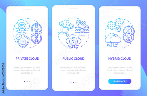 Cloud computing deployment models onboarding mobile app page screen with concepts. Community, hybrid clouds walkthrough 3 steps graphic instructions. UI vector template with RGB color illustrations