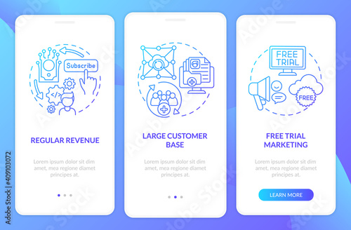 SaaS pluses for developers onboarding mobile app page screen with concepts. Constant revenue, client base walkthrough 3 steps graphic instructions. UI vector template with RGB color illustrations
