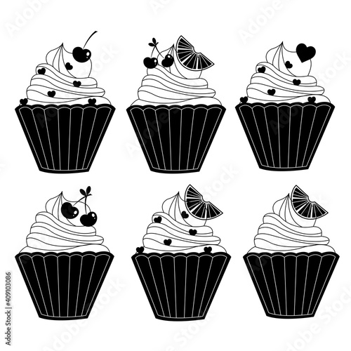 Vector set of cupcakes icons isolated on white background for invitations, greeting cards, business card, bakery logo, sweet logo